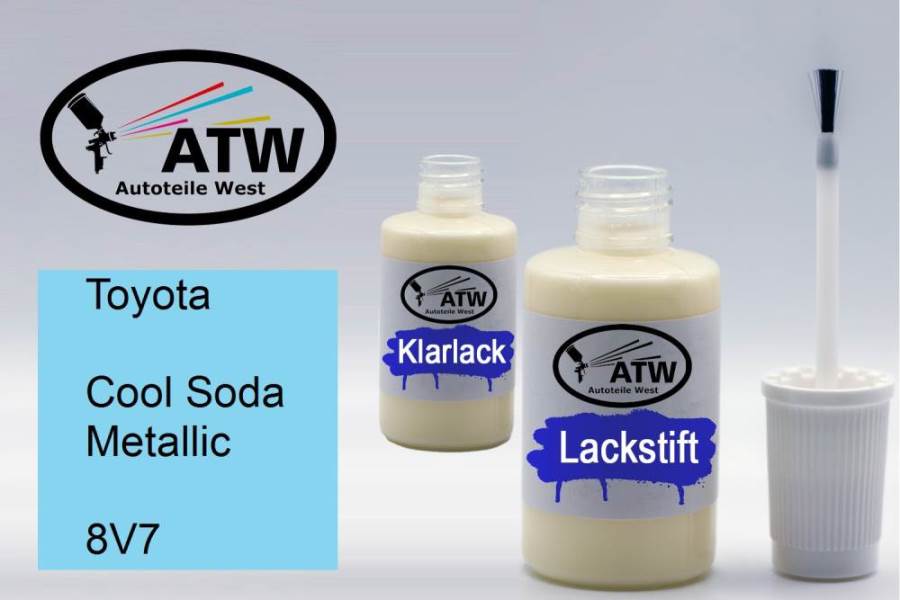 Toyota, Cool Soda Metallic, 8V7: 20ml Lackstift + 20ml Klarlack - Set, von ATW Autoteile West.